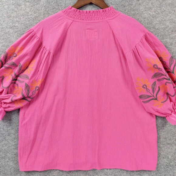 Umgee Womens Boho Peasant Top Sz Large Pink Embroidered Floral Blouse Cotton - Picture 12 of 12